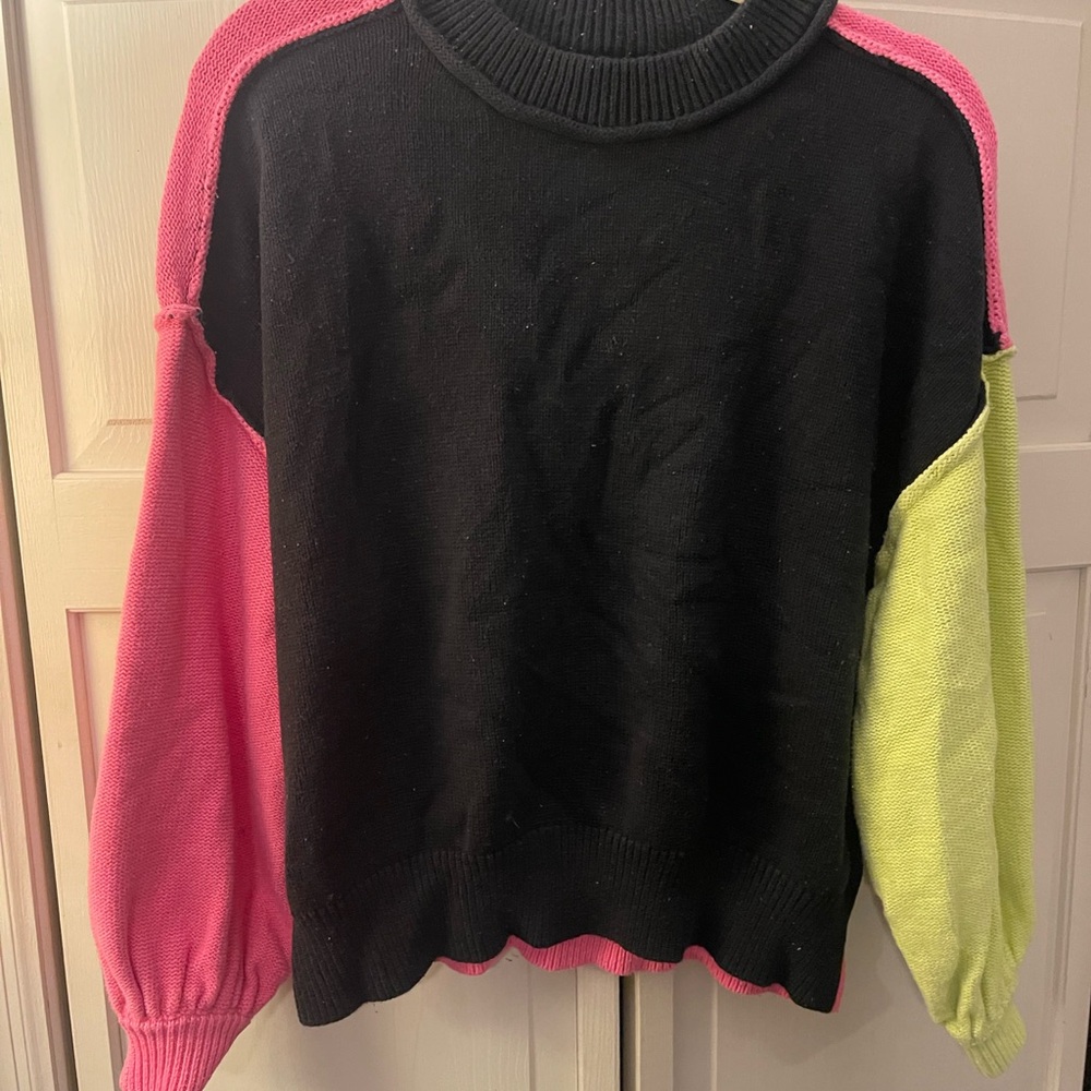 Colorblock Sweater - Black, Pink, and Green